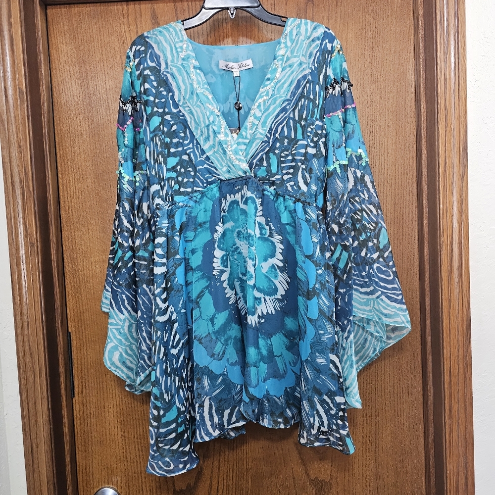 Meghan Fabulous Blue Watercolor Dress Top Size Large NWT